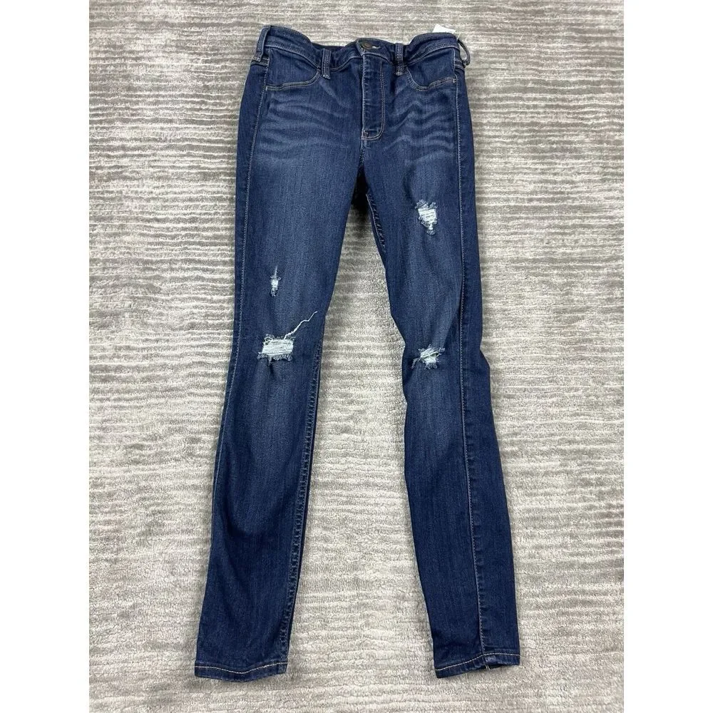 Hollister Jeans‎ Juniors 5S 27x26 Blue Dark Wash Destroyed High Wast Jeggings